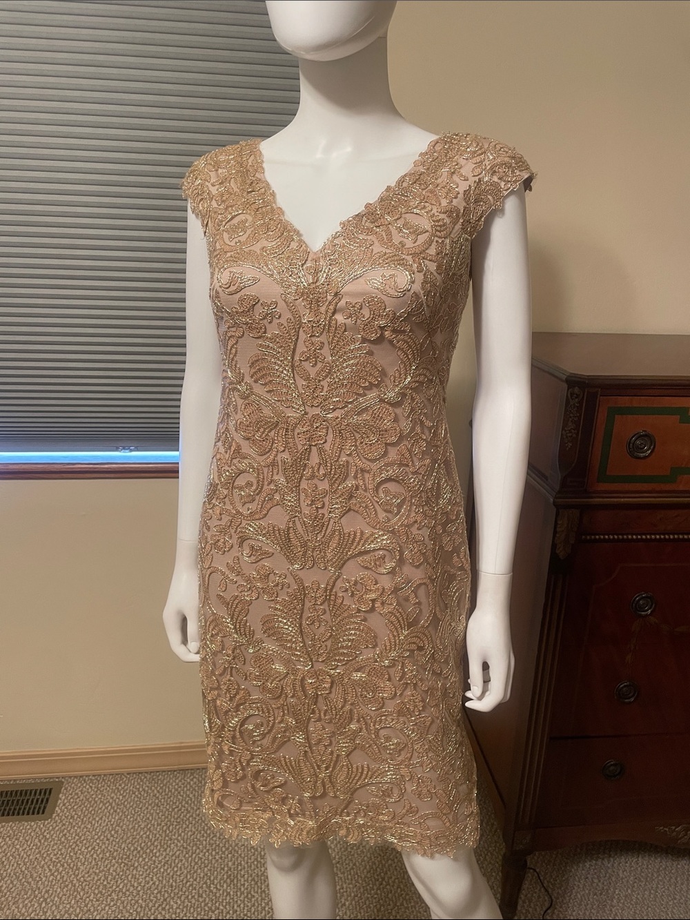 Tadashi Shoji V-neck Sheath Gold Cord Embroidery EUC 8 Petite